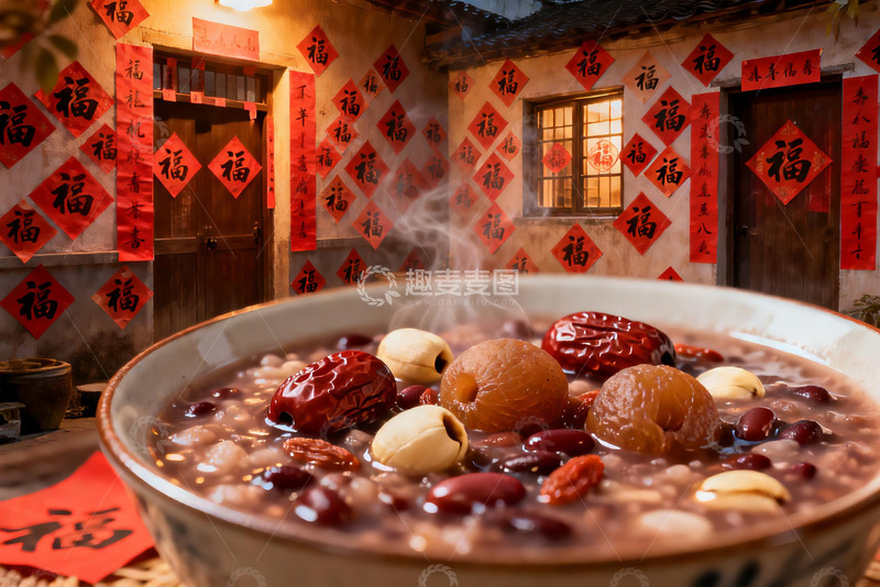 高清大图下载【趣麦麦图】热气腾腾的腊八粥与福字装饰