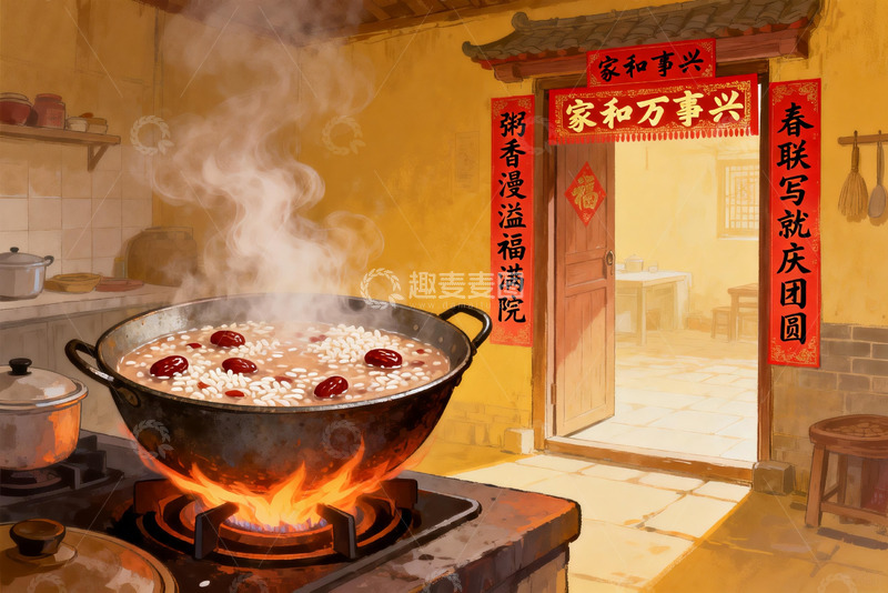 高清大图下载【趣麦麦图】传统厨房煮粥迎新春