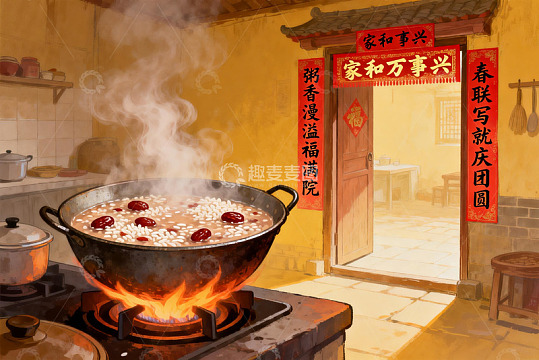 传统厨房煮粥迎新春