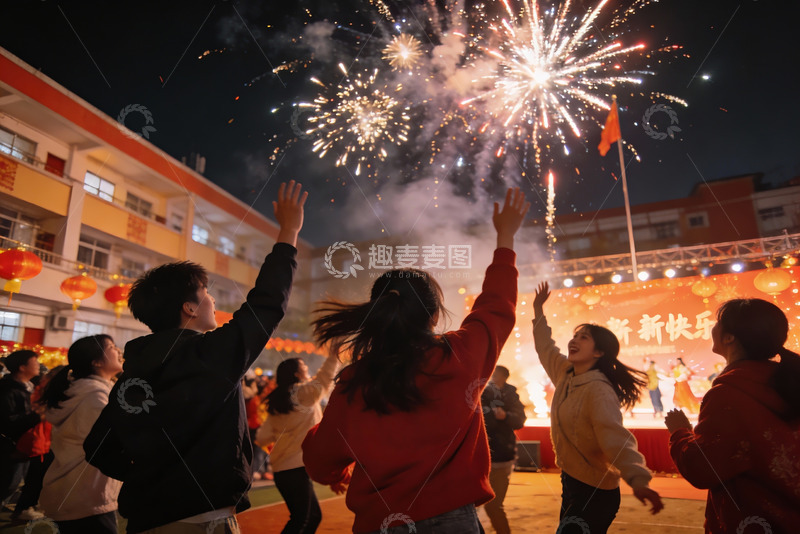 高清大图下载【趣麦麦图】夜空中绽放烟花众人欢庆