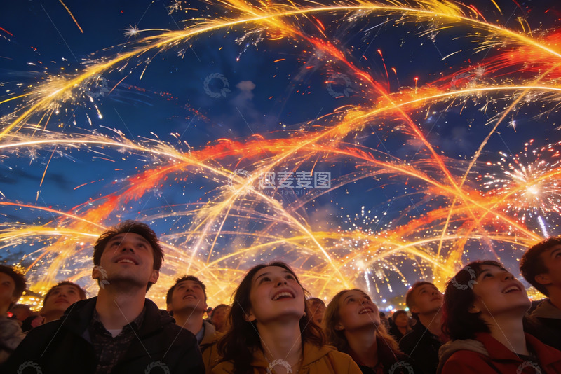 高清大图下载【趣麦麦图】夜空烟花绽放人群仰望