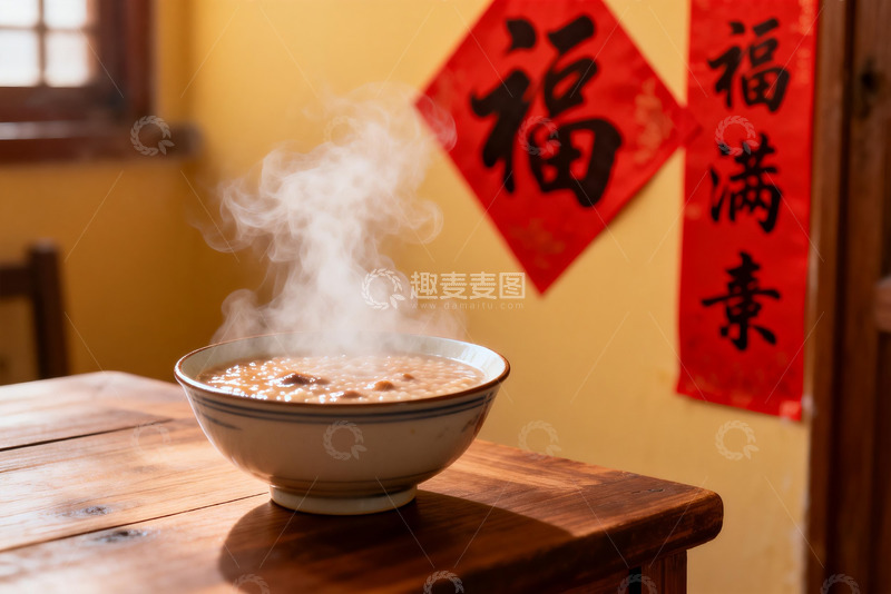 高清大图下载【趣麦麦图】热气腾腾的粥与福字装饰