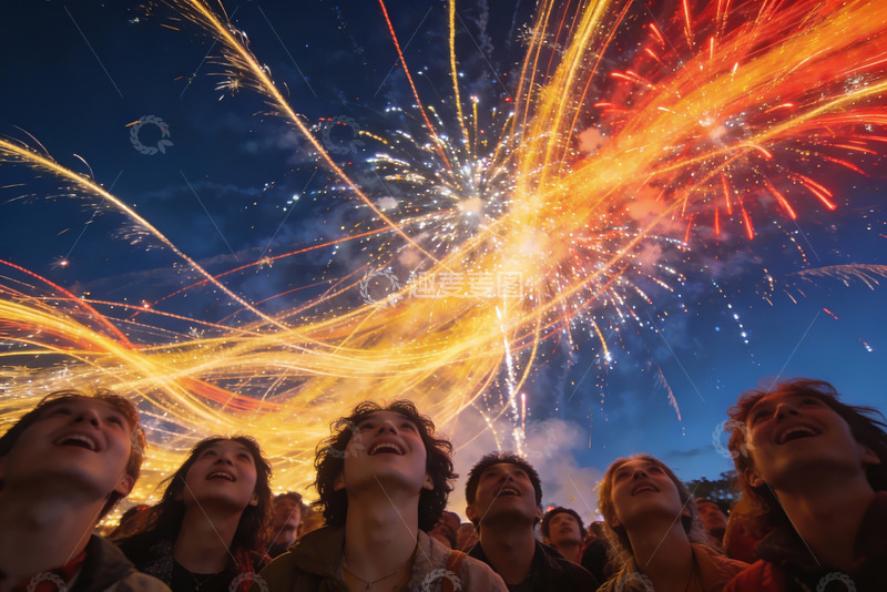 高清大图下载【趣麦麦图】夜空烟花绽放人群仰望