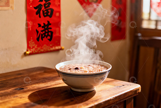 热气腾腾的粥碗与红色挂饰