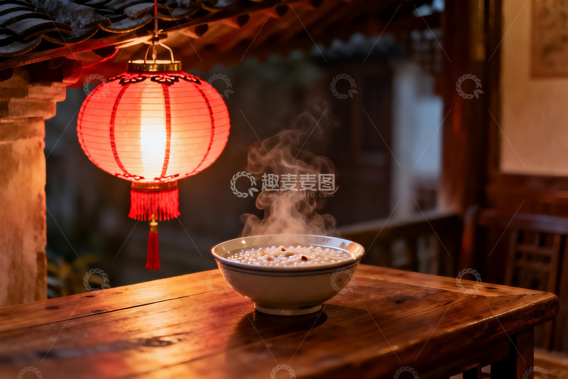 高清大图下载【趣麦麦图】古色古香庭院热粥与红灯笼