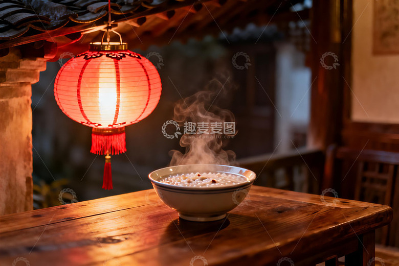 古色古香庭院热粥与红灯笼