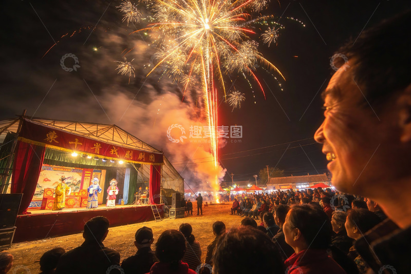 高清大图下载【趣麦麦图】夜空烟花绽放舞台表演热闹非凡