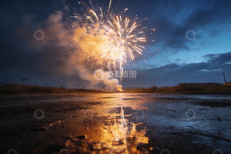 高清大图下载【趣麦麦图】夜空烟花绽放倒影水面