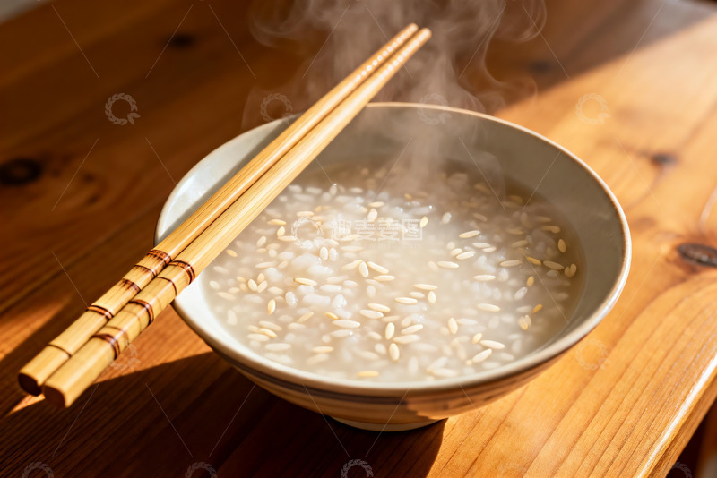 高清大图下载【趣麦麦图】热气腾腾的米粥与竹筷