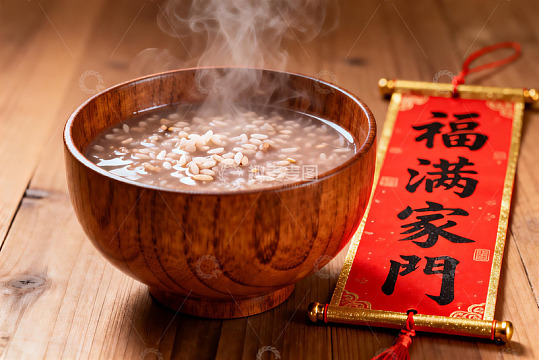 热气腾腾的木碗粥配福字挂饰