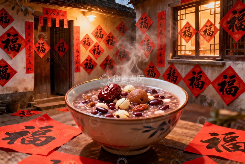 高清大图下载【趣麦麦图】春节庭院热粥与福字装饰
