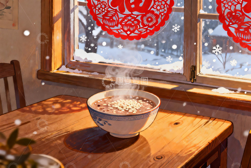 高清大图下载【趣麦麦图】窗边热粥暖意浓冬日静景