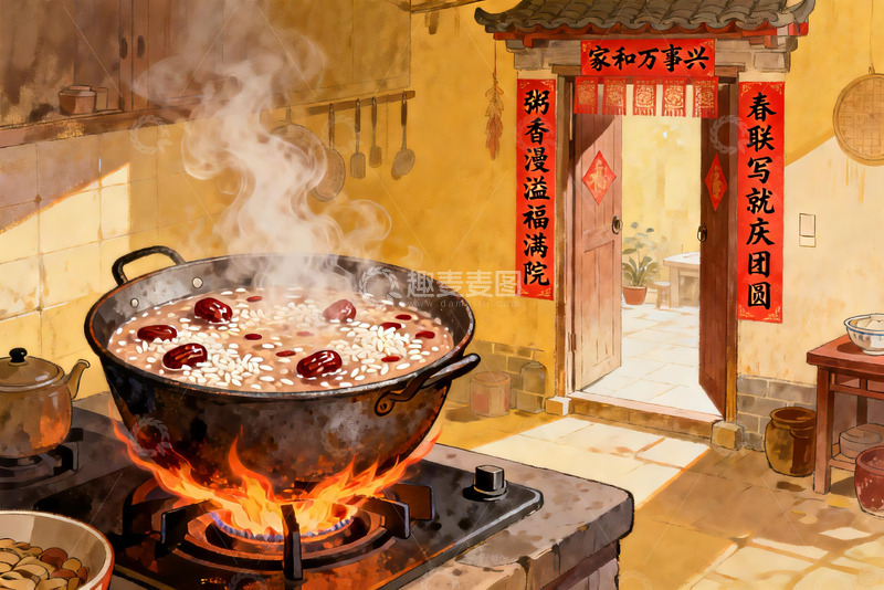 高清大图下载【趣麦麦图】传统厨房煮粥迎新春