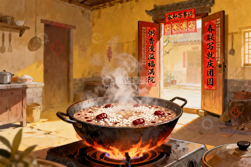 高清大图下载【趣麦麦图】传统厨房煮粥迎新春