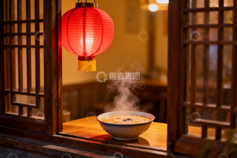 高清大图下载【趣麦麦图】古窗红灯热粥夜景