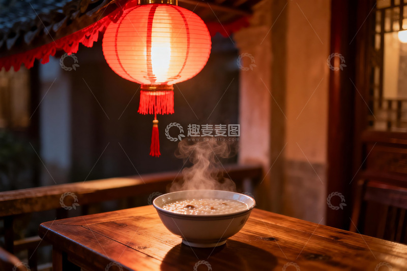 高清大图下载【趣麦麦图】红灯笼下热气腾腾的粥