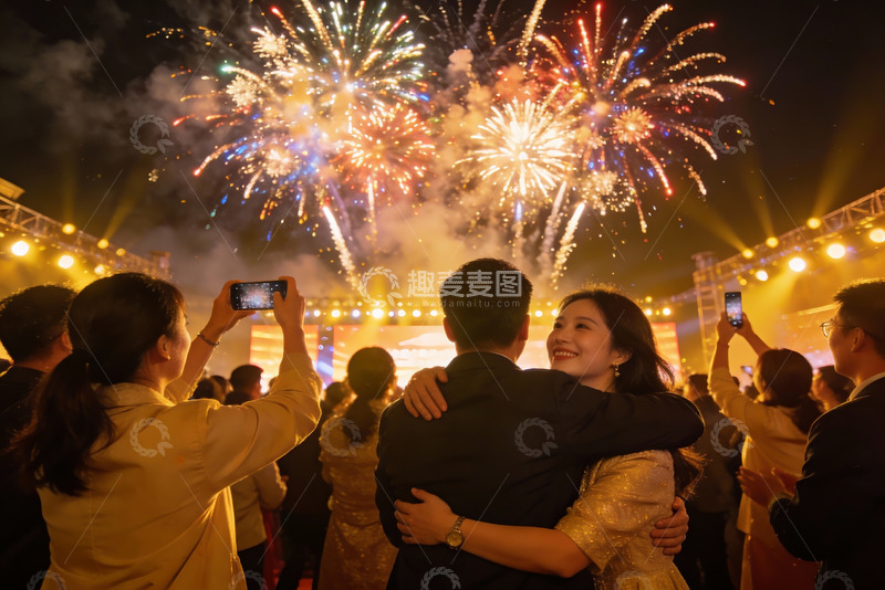 高清大图下载【趣麦麦图】夜空烟花下情侣拥抱庆祝