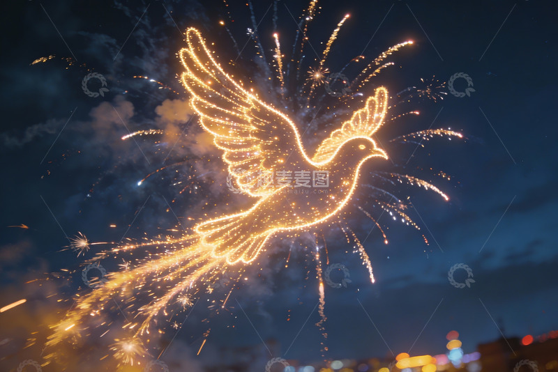 高清大图下载【趣麦麦图】夜空烟花鸽子造型绚丽绽放
