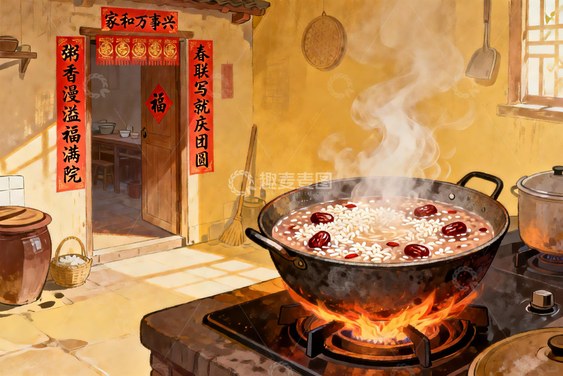 高清大图下载【趣麦麦图】传统厨房煮粥迎新春