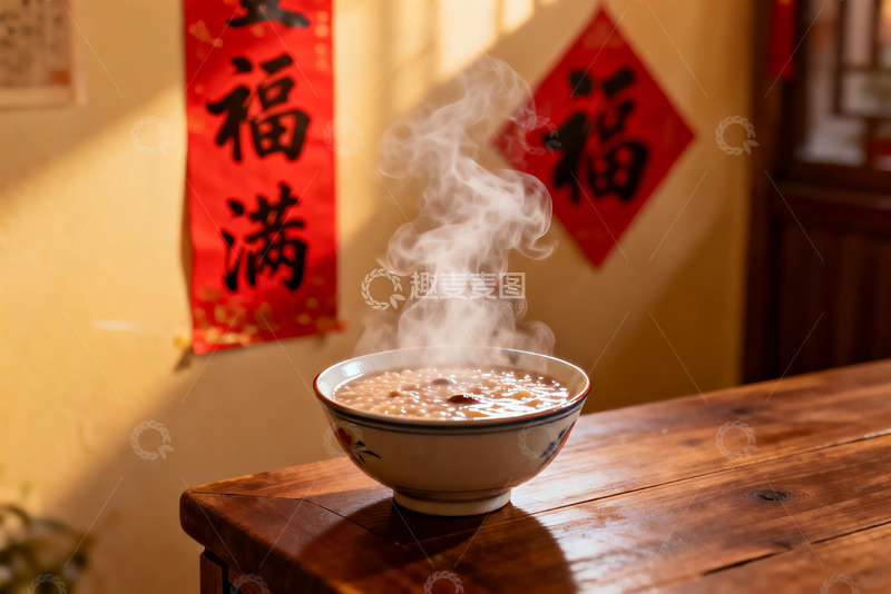 高清大图下载【趣麦麦图】热气腾腾的粥与福字装饰