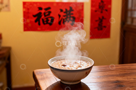 热气腾腾的粥碗与福字装饰