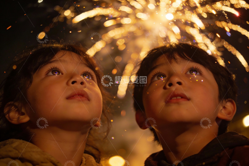 高清大图下载【趣麦麦图】儿童仰望夜空烟花