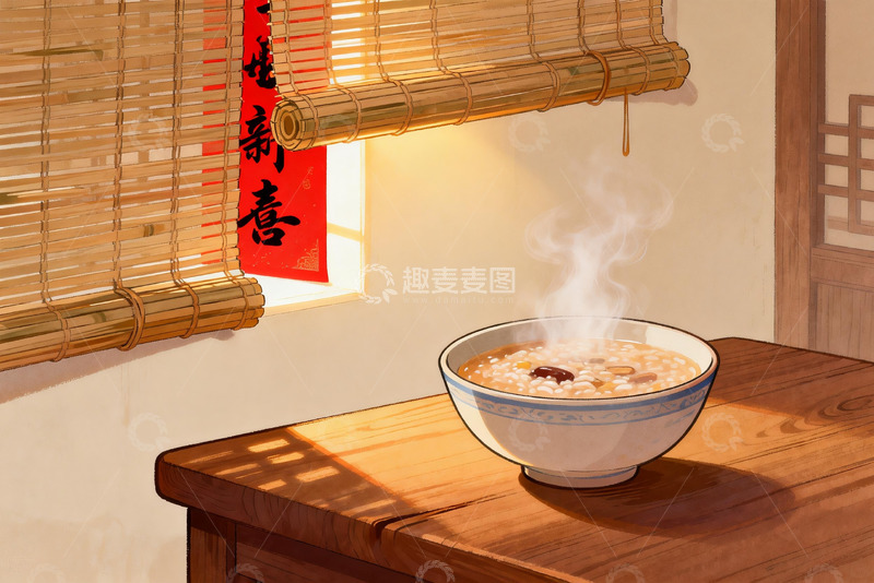 高清大图下载【趣麦麦图】热气腾腾的粥与竹帘窗景