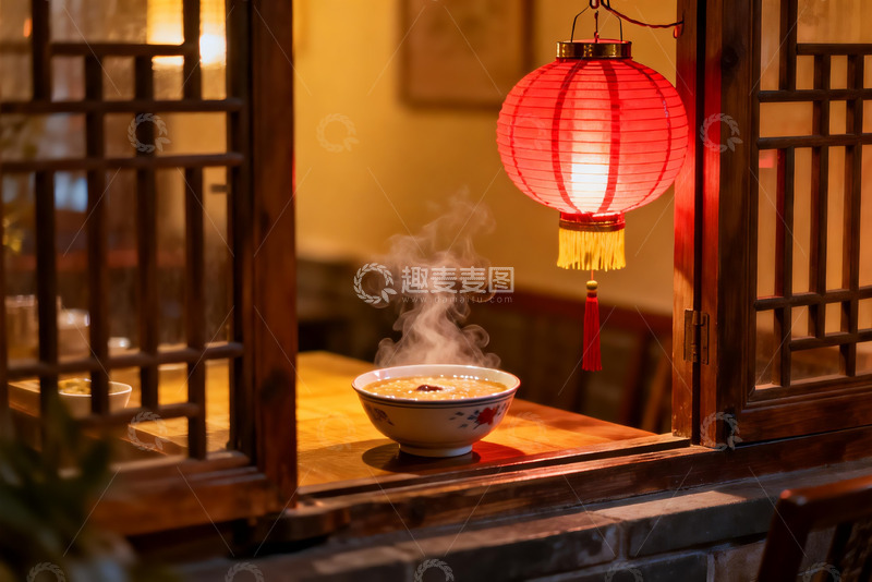 高清大图下载【趣麦麦图】暖灯映照下的热气粥碗
