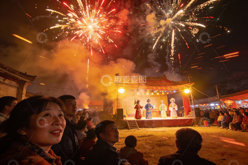高清大图下载【趣麦麦图】烟花璀璨夜戏场观众欢聚