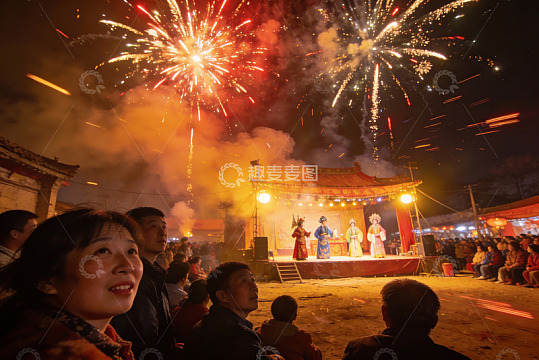 烟花璀璨夜戏场观众欢聚