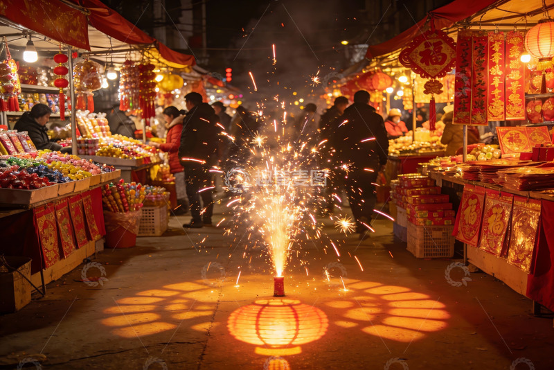 高清大图下载【趣麦麦图】夜市烟花绽放热闹非凡