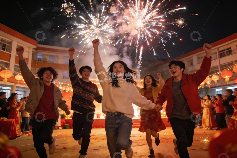 高清大图下载【趣麦麦图】年轻人夜放烟花欢庆节日