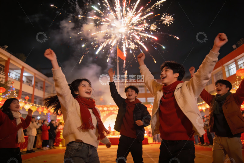 高清大图下载【趣麦麦图】夜空中绽放烟花众人欢庆