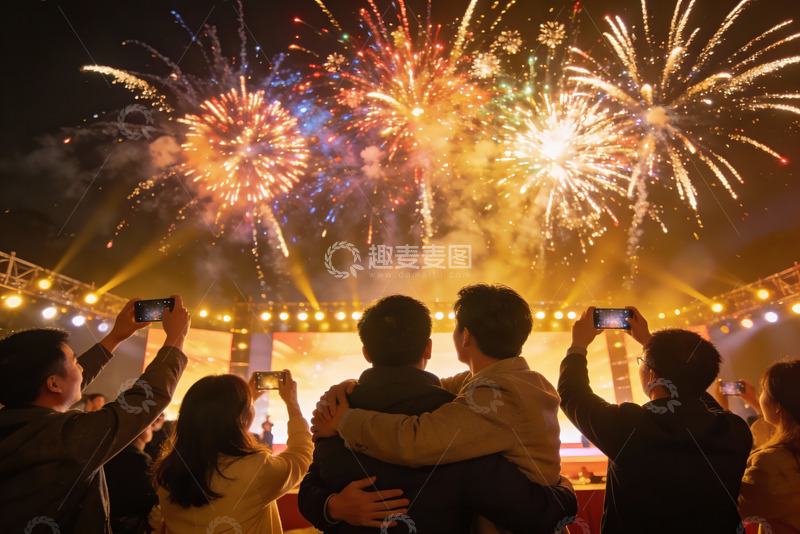 高清大图下载【趣麦麦图】夜空烟花绽放众人拍照留念