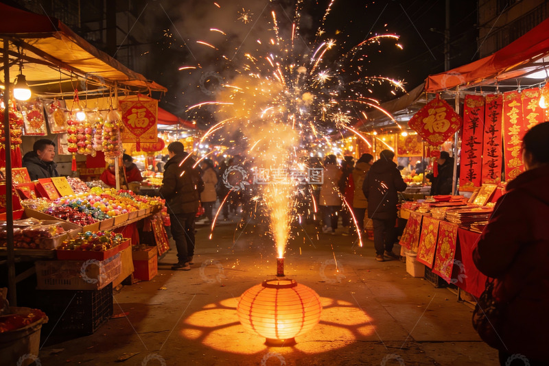 高清大图下载【趣麦麦图】夜市烟花绽放热闹非凡