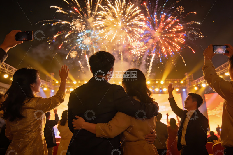 高清大图下载【趣麦麦图】夜空烟花下人群欢庆场景