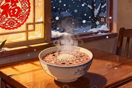 窗边热粥映雪景