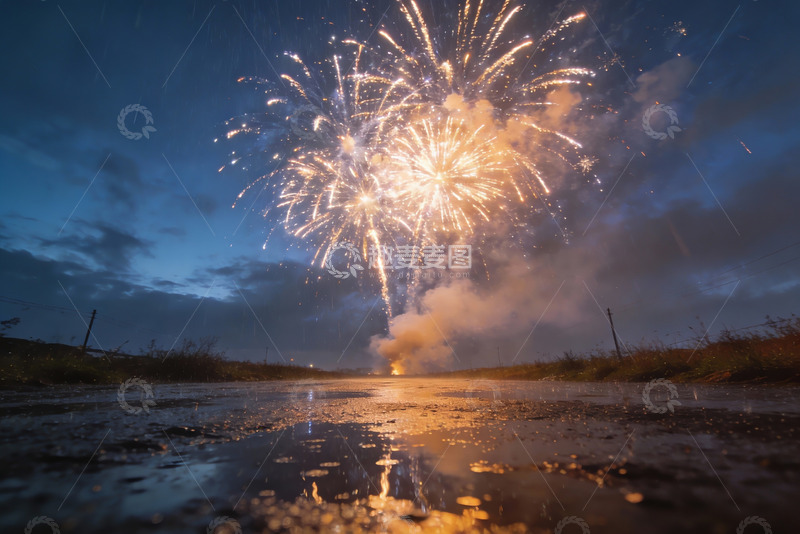 高清大图下载【趣麦麦图】夜空烟花绽放倒影路面