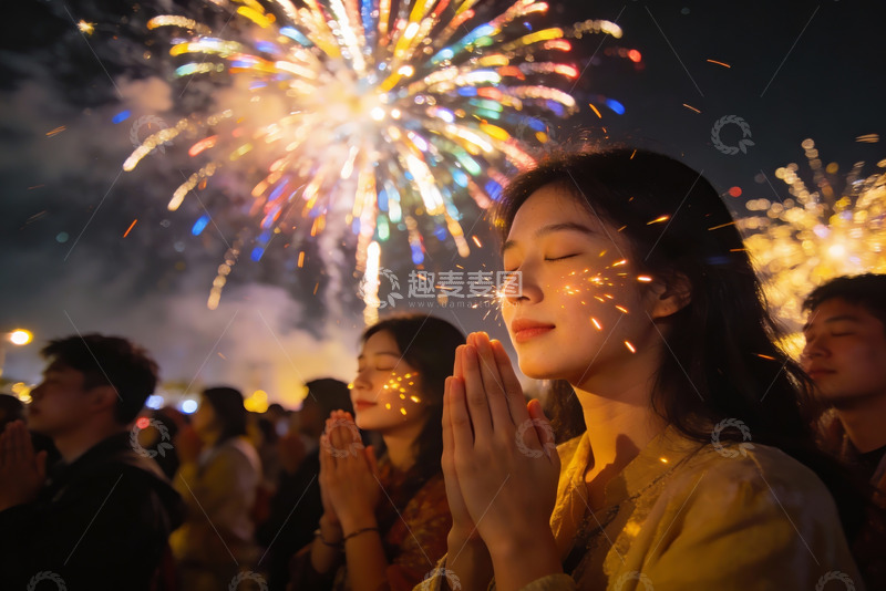 高清大图下载【趣麦麦图】夜空中绽放烟花众人合掌祈福
