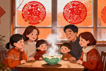 温馨家庭围坐餐桌共享热食