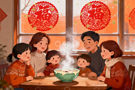 温馨家庭围坐餐桌共享热食