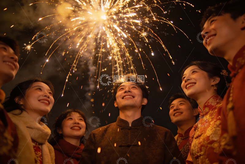 高清大图下载【趣麦麦图】烟花下欢笑的亲友团聚