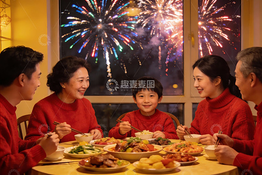 春节家庭聚餐烟花绽放
