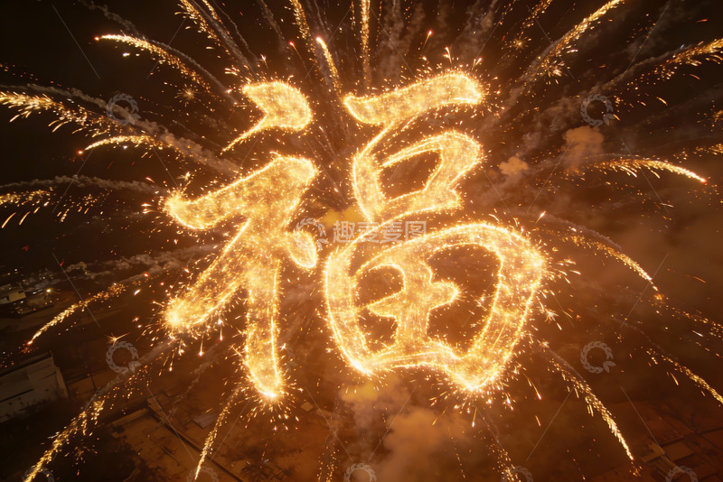 高清大图下载【趣麦麦图】夜空烟花绽放福字图案