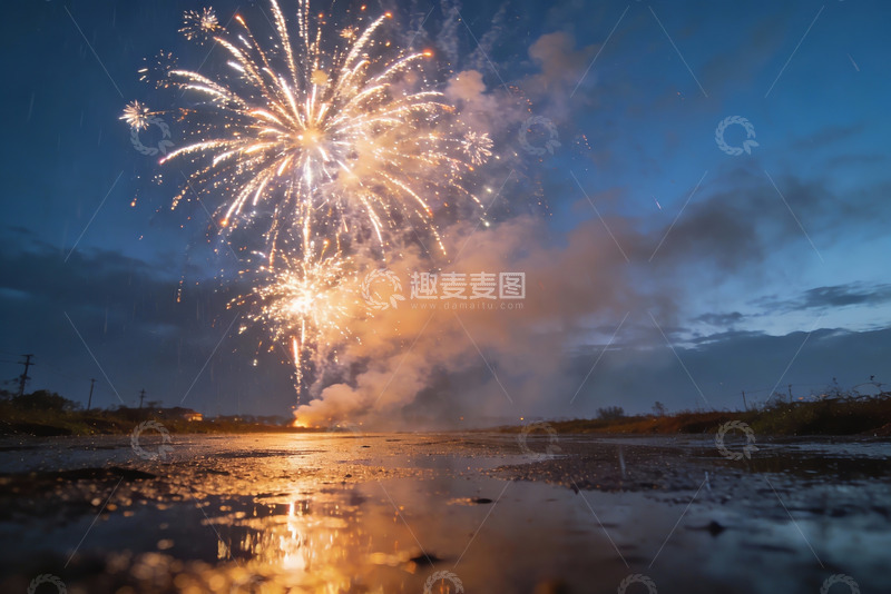 高清大图下载【趣麦麦图】夜空烟花绽放倒影水面