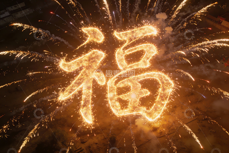高清大图下载【趣麦麦图】烟花绽放书写福字夜景