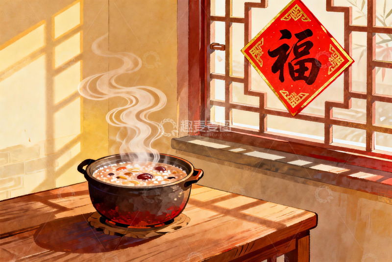 高清大图下载【趣麦麦图】窗边热气腾腾的腊八粥