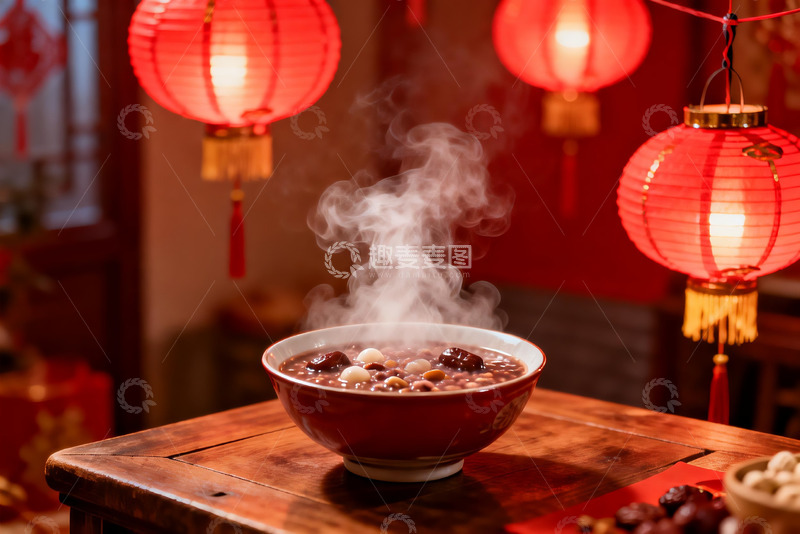 高清大图下载【趣麦麦图】热气腾腾的腊八粥配红灯笼