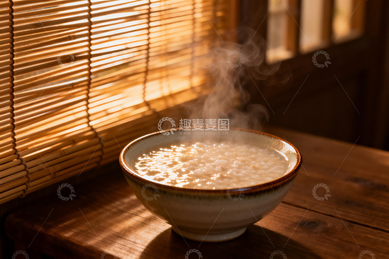 高清大图下载【趣麦麦图】热气腾腾的米粥与竹帘光影