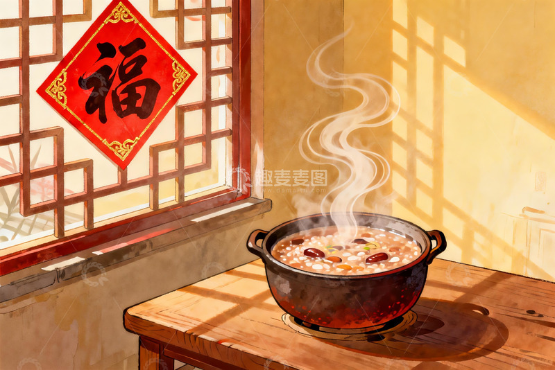 高清大图下载【趣麦麦图】窗边热气腾腾的腊八粥